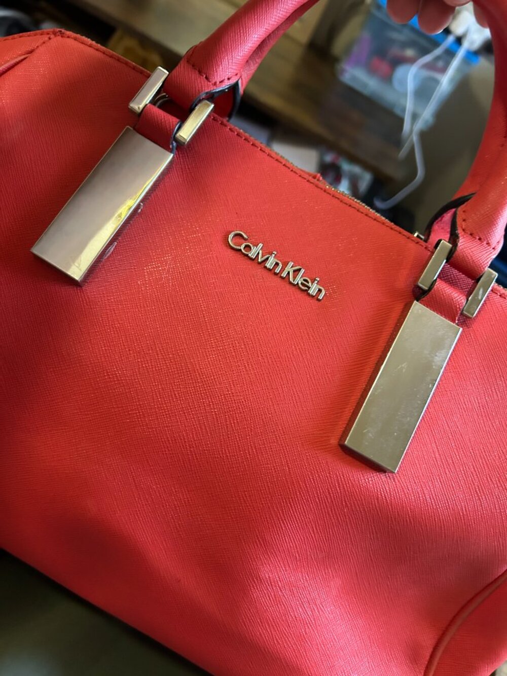 Calvin Klein Red Saffiano Dome Satchel Handbag Silver Hardware